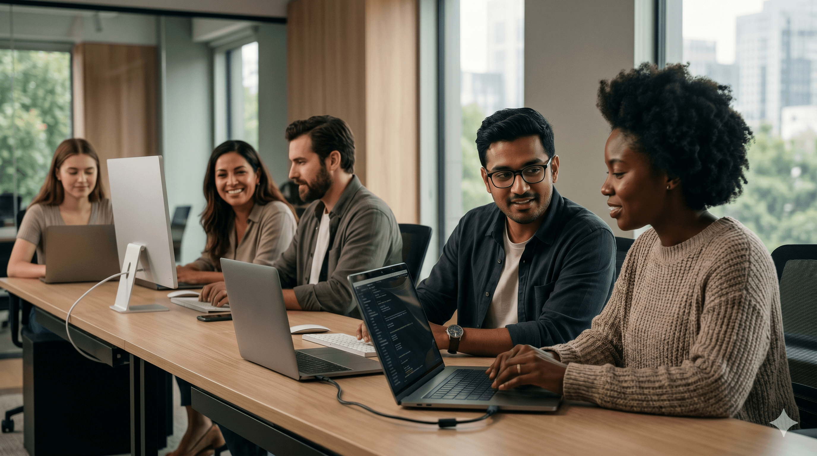A diverse group of IT professionals and software developers collaborating with laptops at a modern wooden conference table.