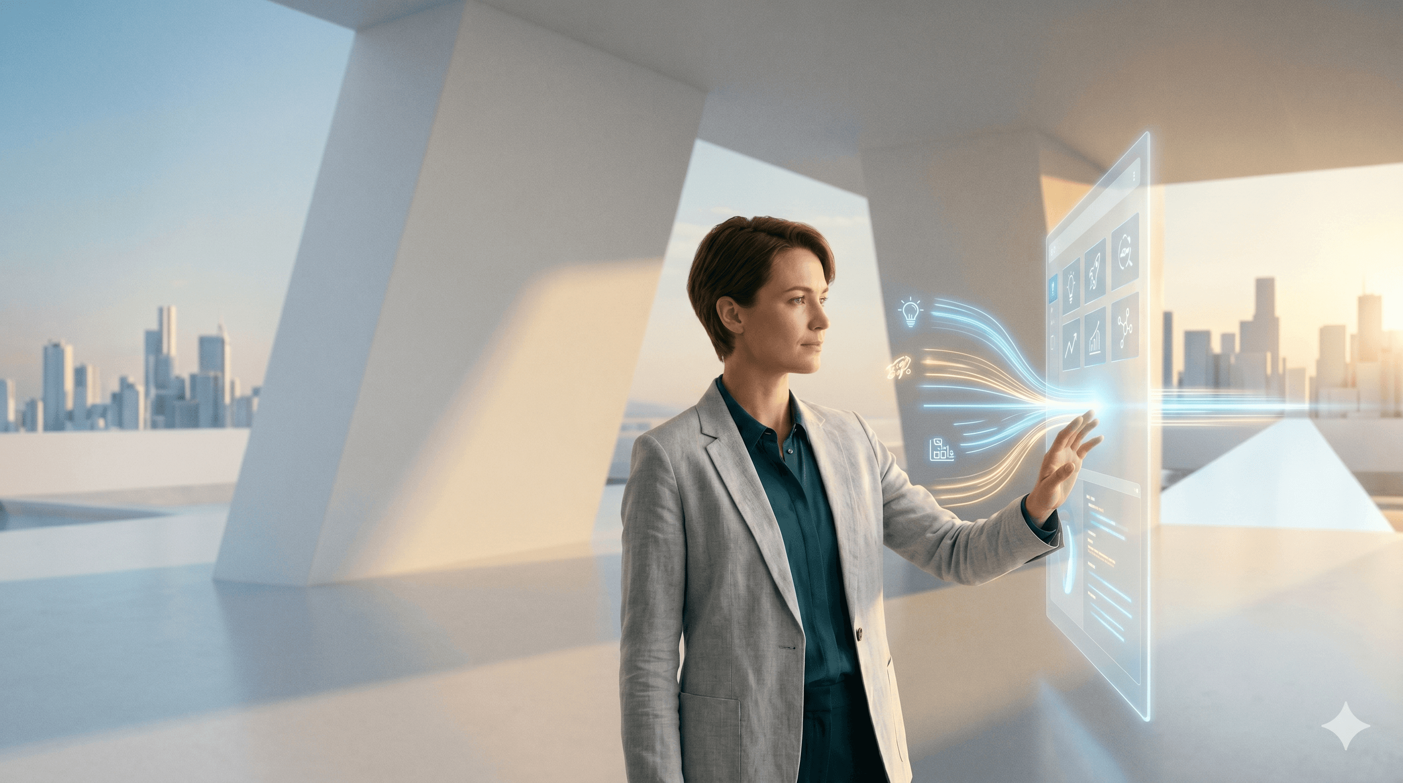 A business professional interacting with a clean, minimalist holographic user interface displaying financial data and software analytics.